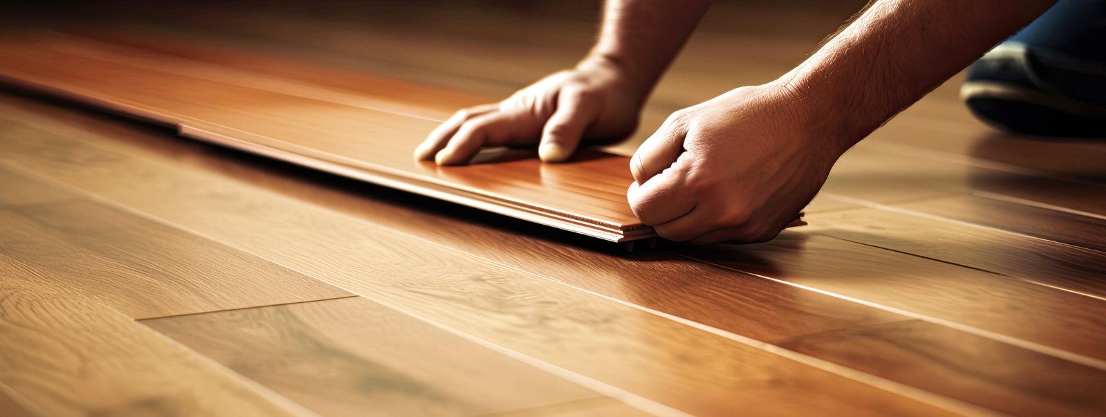 Hands closing a vinyl plank seam in a rental near Third Beach, Brazil Floors