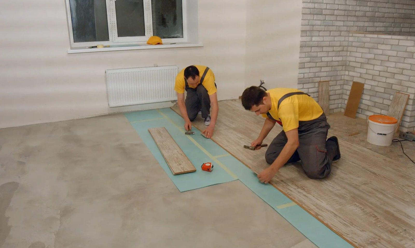 Crew installing vinyl rows in a Greystone split level, Brazil Floors