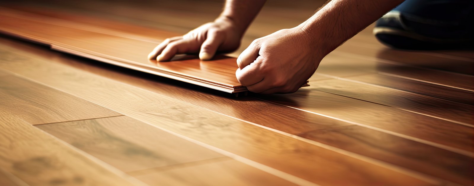 Hands snapping a plank joint closed in Phenix, Brazil Floors