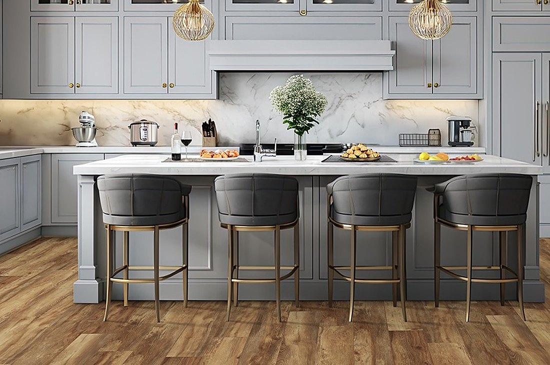 Light warm laminate under island stools in a white kitchen near Yawgoo Valley, Brazil Floors