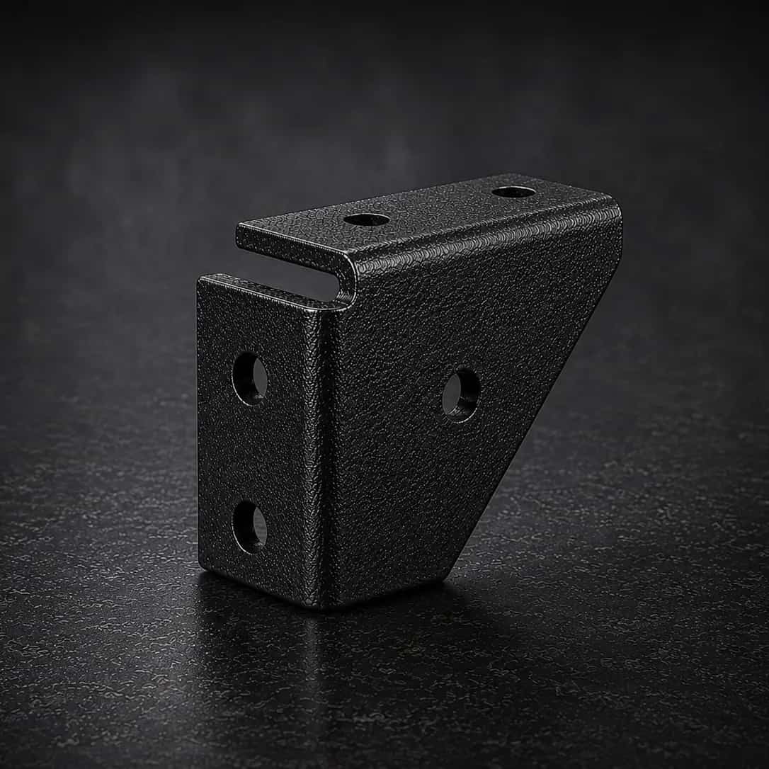 Square metal mounting bracket with a durable, textured black powder-coated finish.