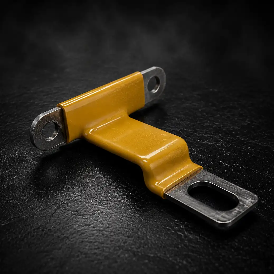 Industrial metal bracket with a heavy-duty, glossy yellow plastisol coating.