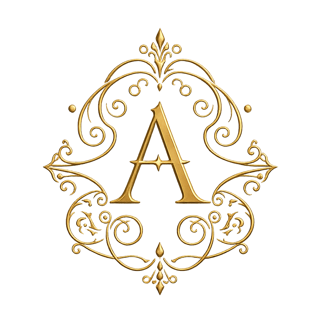Gold letter A surrounded by ornate, symmetrical floral scrollwork on a gold gradient background.