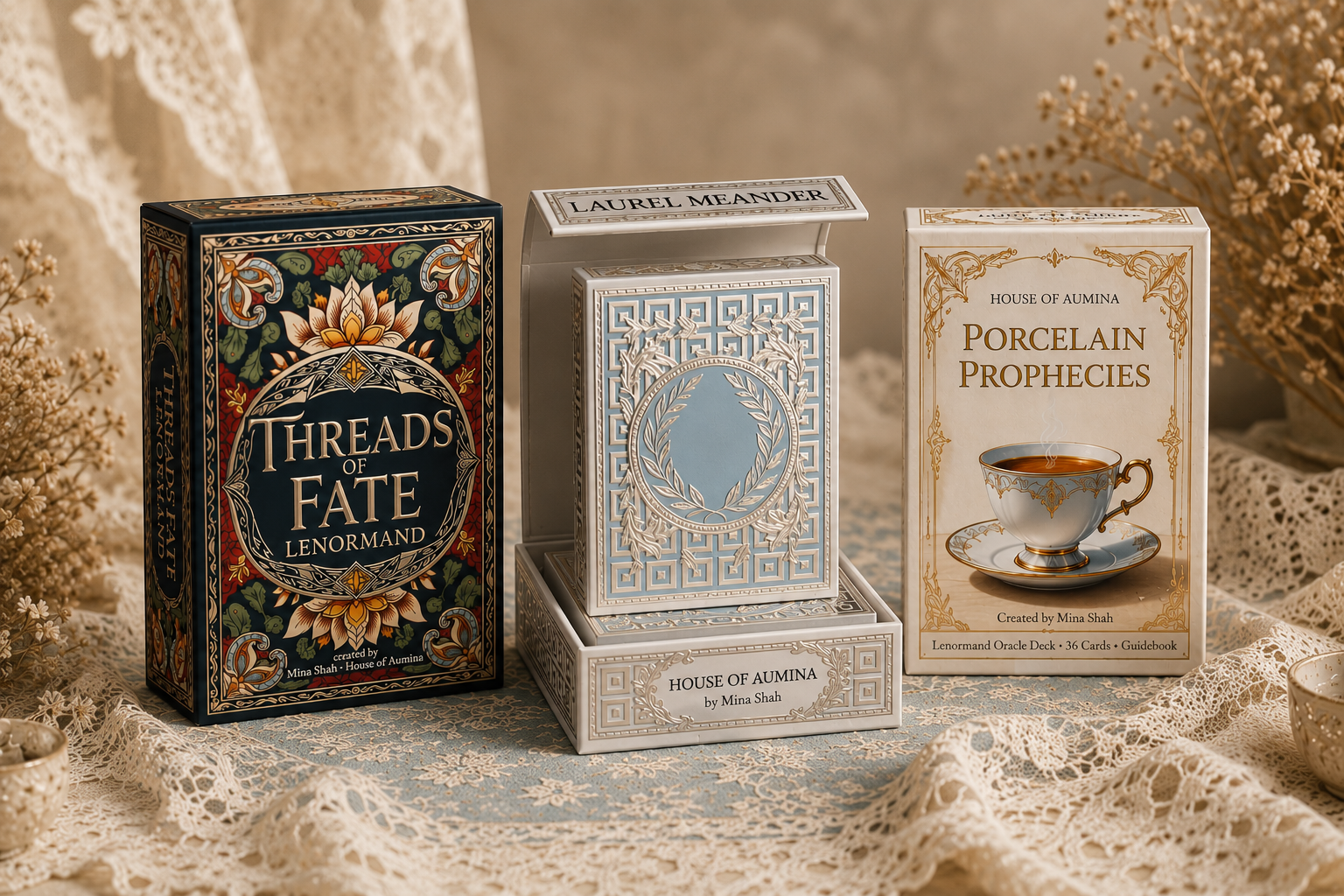 Three ornate oracle card decks titled Threads of Fate, Laurel Meander, and Porcelain Prophecies displayed on lace.