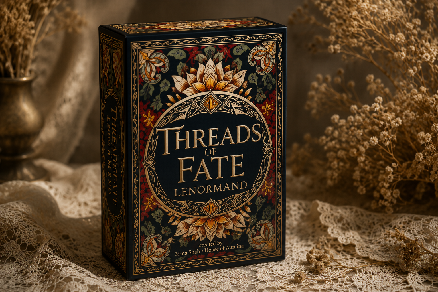 Threads of Fate Lenormand card deck with floral design and ornate gold lettering on black box.