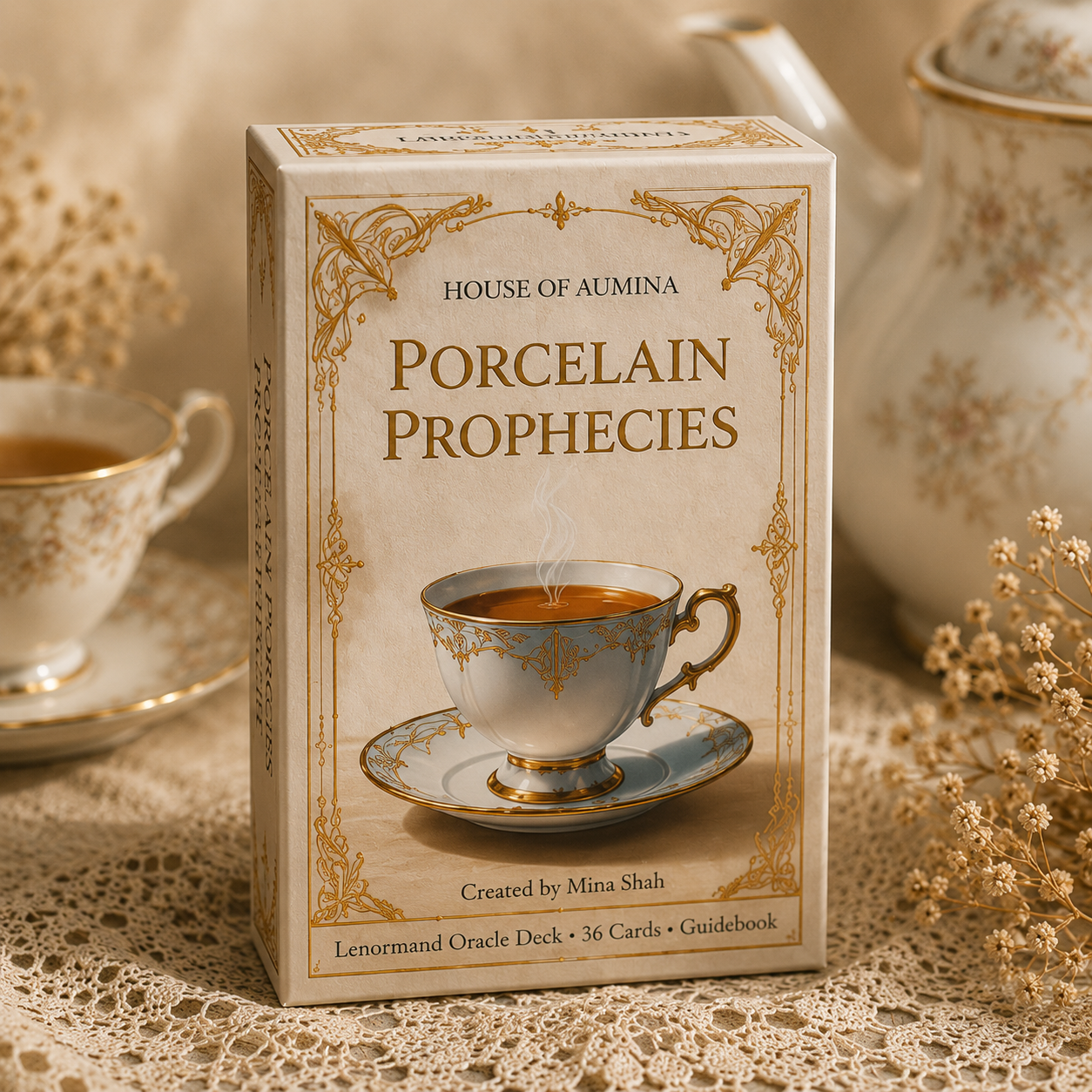 Porcelain Prophecies Lenormand oracle deck box with tea cup and saucer on crocheted lace with vintage tea set.