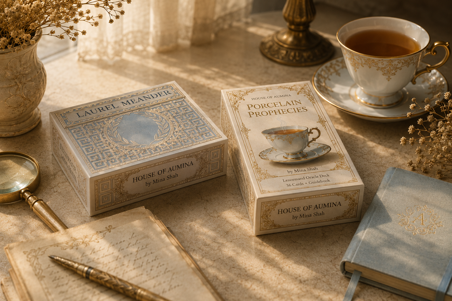 Two ornate card decks, a blue journal, a vintage pen, magnifying glass, and a tea cup on a sunny table.