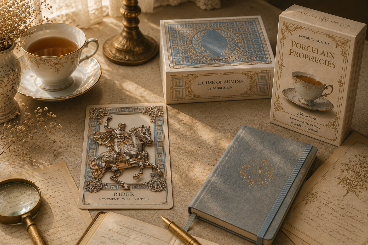 Laurel Meander Lenormand deck with Rider card, a journal, pen, teacup, magnifying glass, and letters on table.