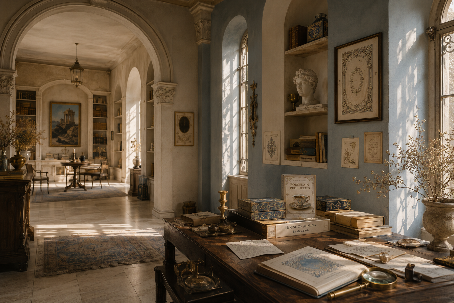 Sunlit vintage study with wooden desk, open books, decorative boxes, bust sculpture, and arched windows.