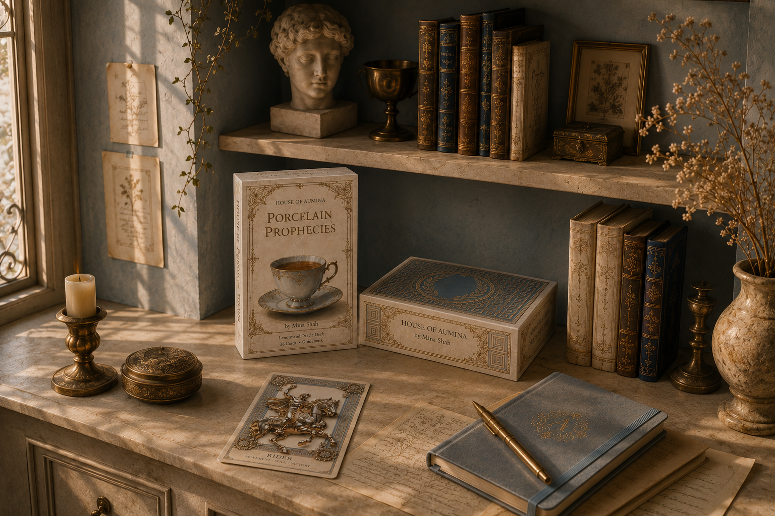 Vintage desk with Lenormand cards, books, candlestick, and a bust sculpture near a window.