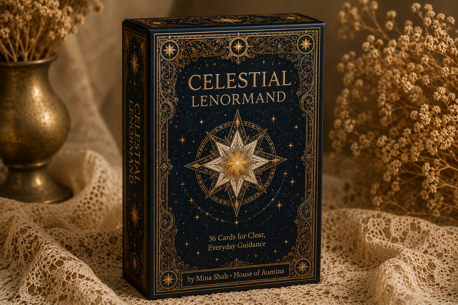 Celestial Lenormand card deck with starry design and ornate gold lettering on navy blue box.
