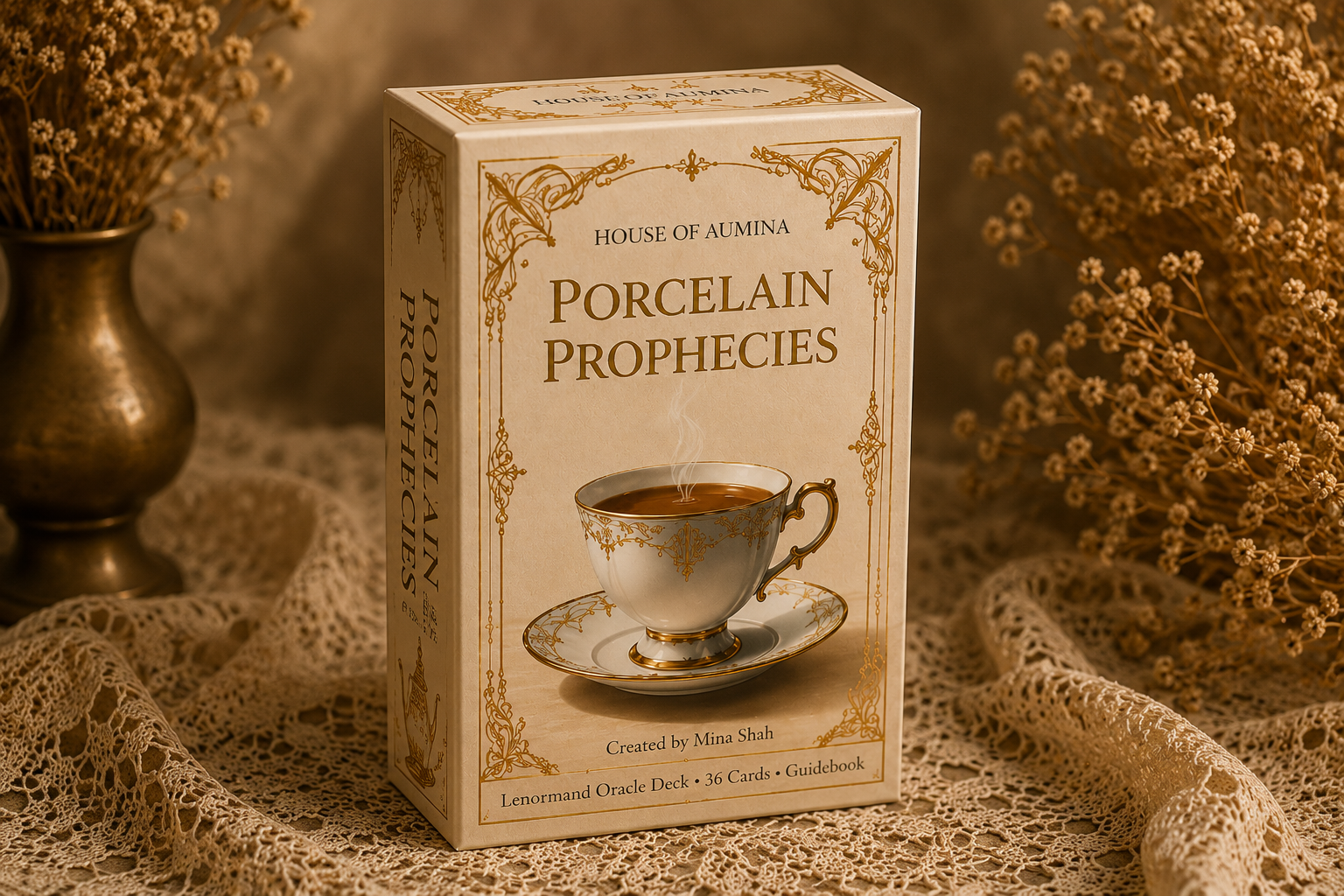 Threads of Fate Lenormand card deck with floral design and ornate gold lettering on black box.