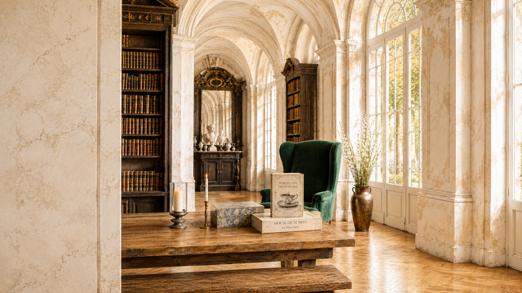 Sunlit vintage study with wooden desk, open books, decorative boxes, and arched windows.