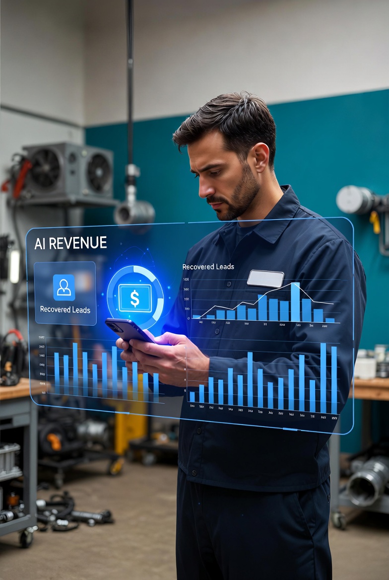 HVAC technician in workshop viewing AI-powered revenue recovery dashboard on smartphone showing recovered leads and revenue metrics