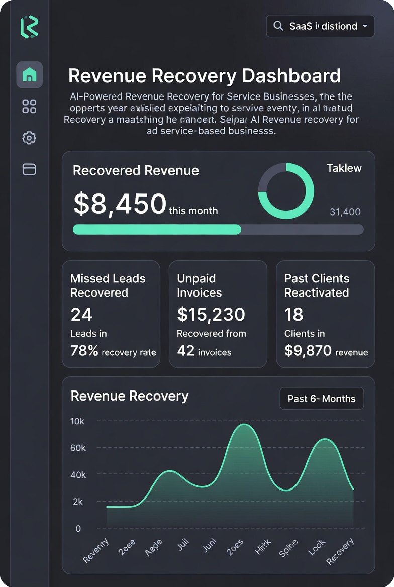Intelli Admin AI Revenue Recovery Dashboard displaying $8,450 recovered this month, missed leads recovered, unpaid invoices, and past client reactivation metrics for service businesses