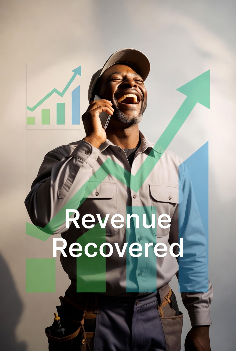 Smiling service business owner celebrating revenue growth on phone with "Revenue Recovered" graphics, representing success using Intelli Admin