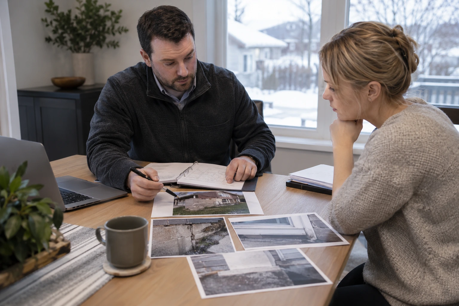 Engineer at desk reviewing a photographic residential damage survey, assessment notes and a report with homeowner; all page markings unreadable. — Toronto residential structural engineering
