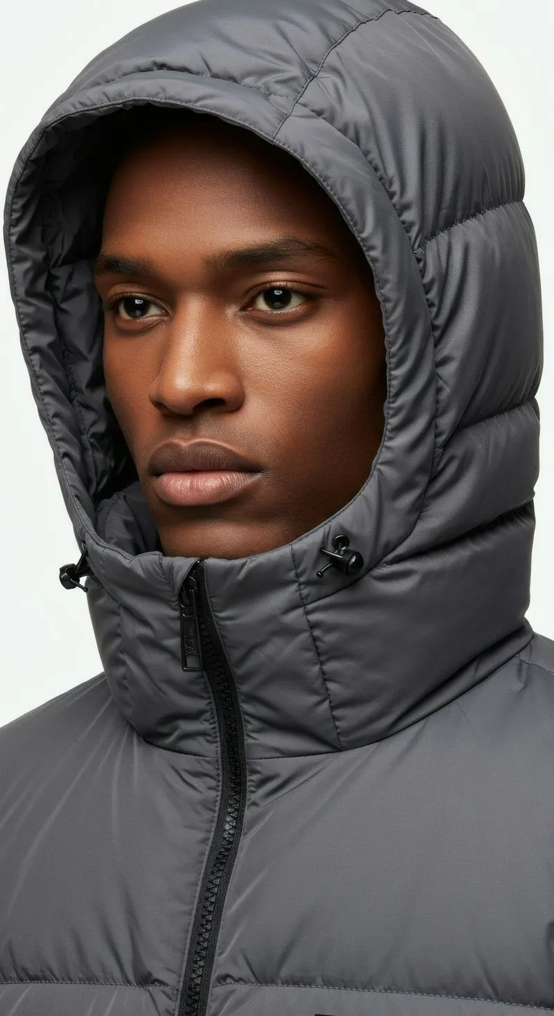 A young man wearing a grey hooded jacket.