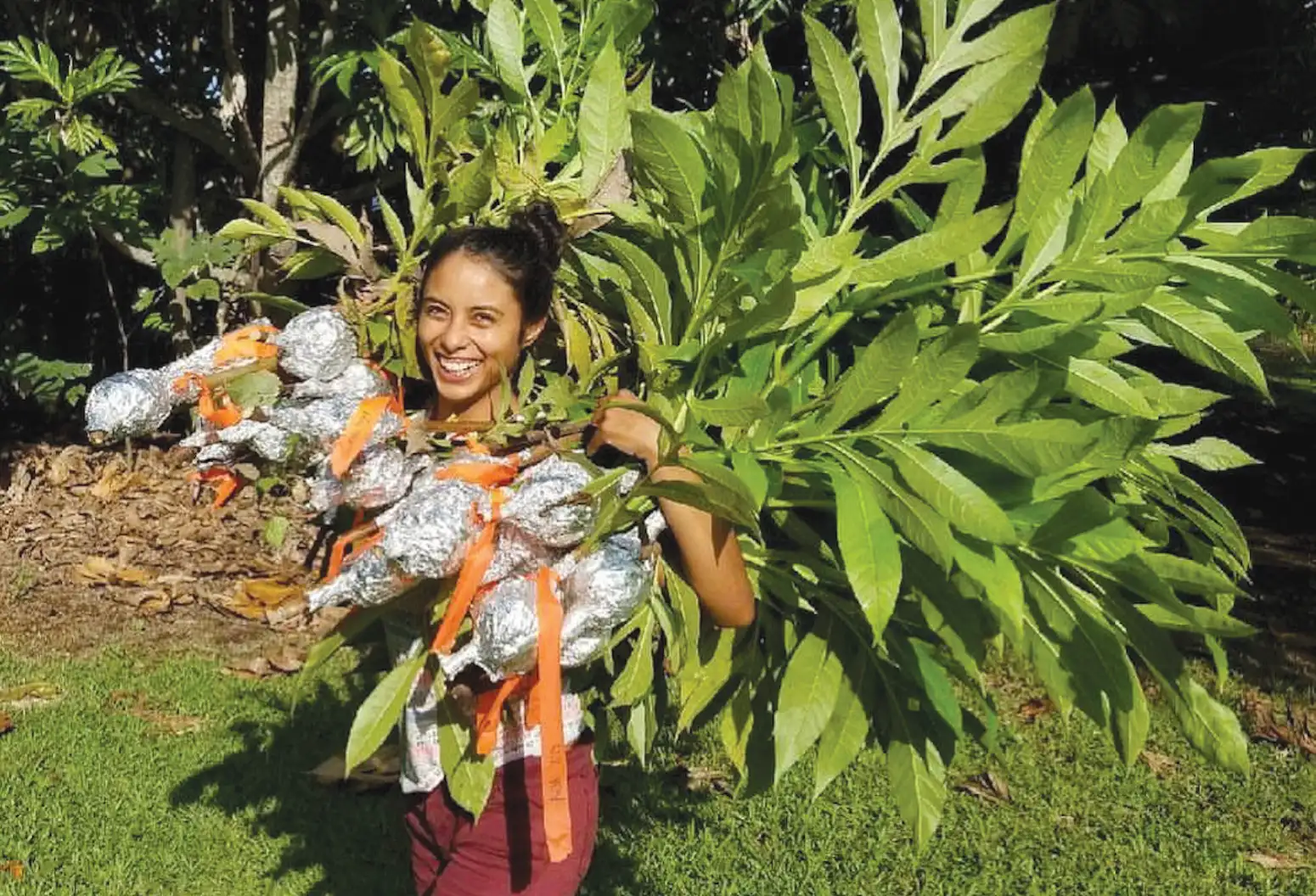 Hawaiʻi Ulu Coop member holding young ulu plants