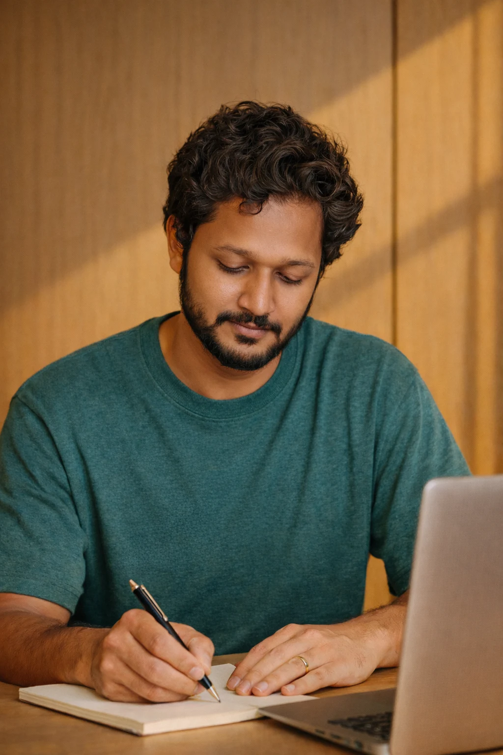HR manager reviewing workforce analytics insights in a notebook next to a laptop