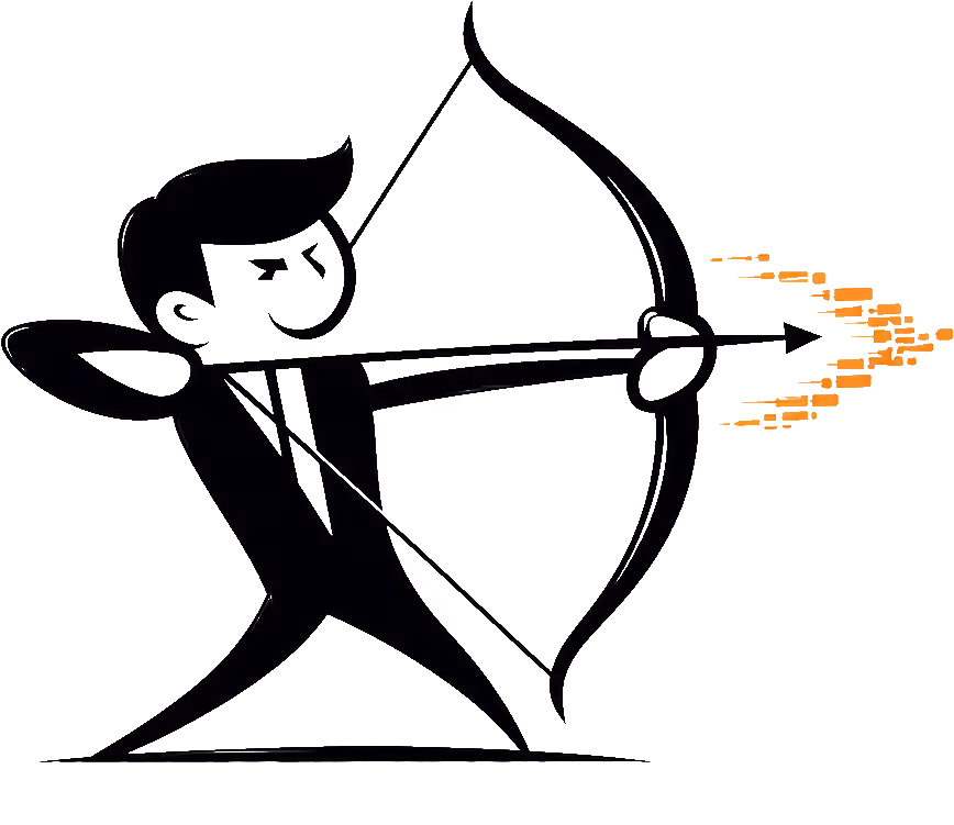 Cartoon figure aiming a glowing orange arrow with a bow.