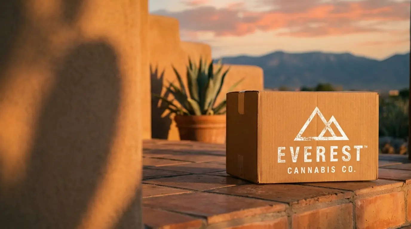 An Everest Cannabis Co. delivery box on an adobe doorstep at sunset, with the Sandia foothills behind