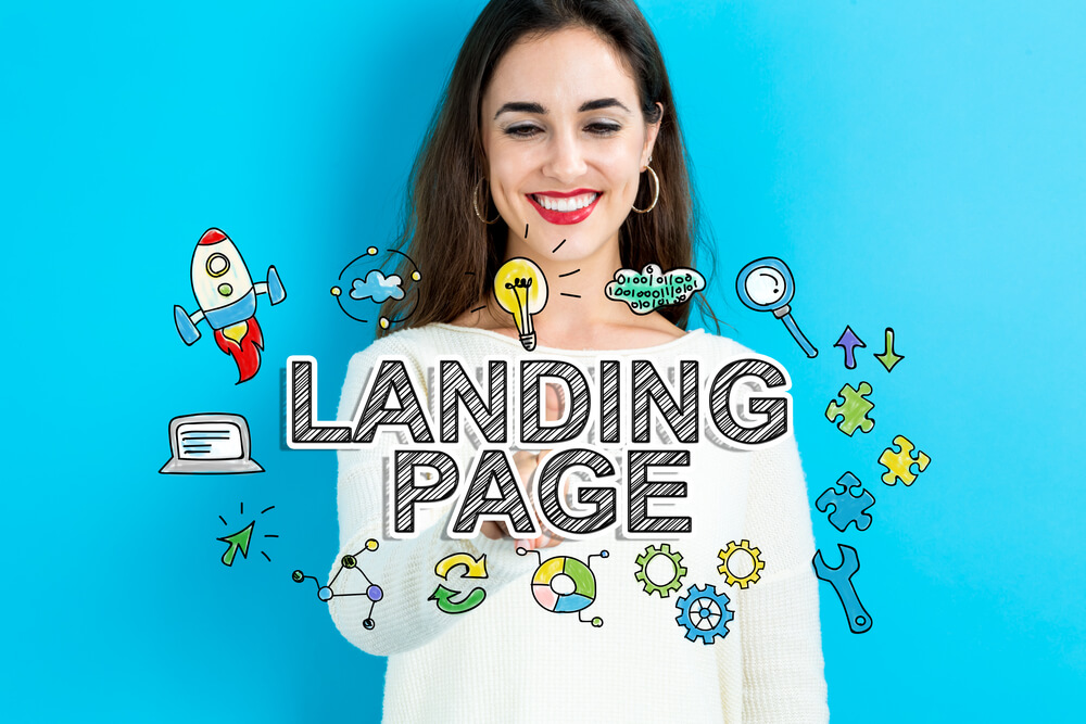 Landing Page text with young woman tapping button.
