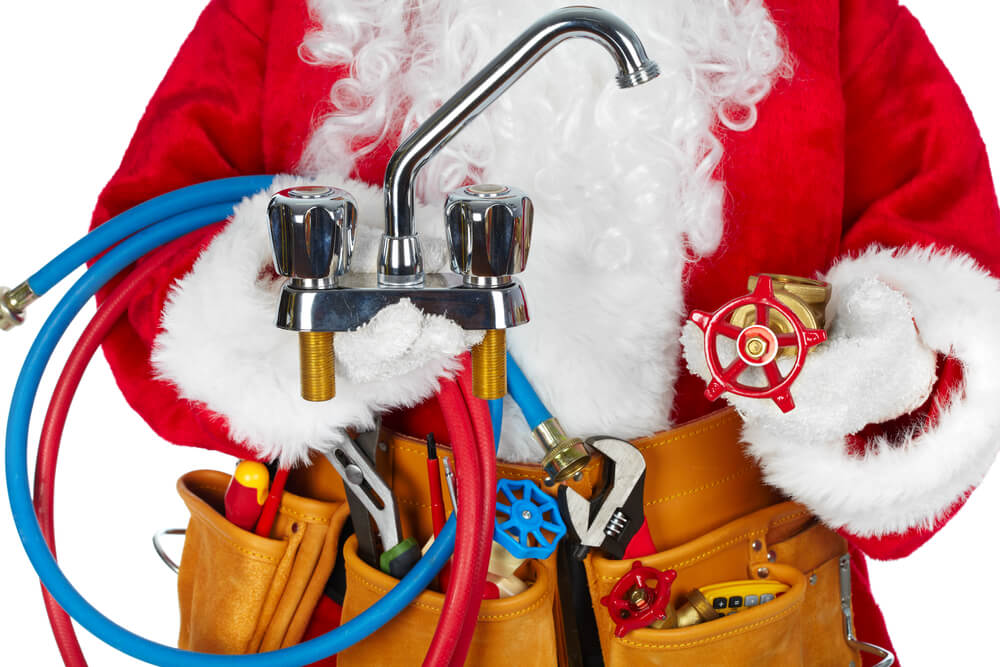 Contractor wearing Santa costume offering holiday-related construction services. 