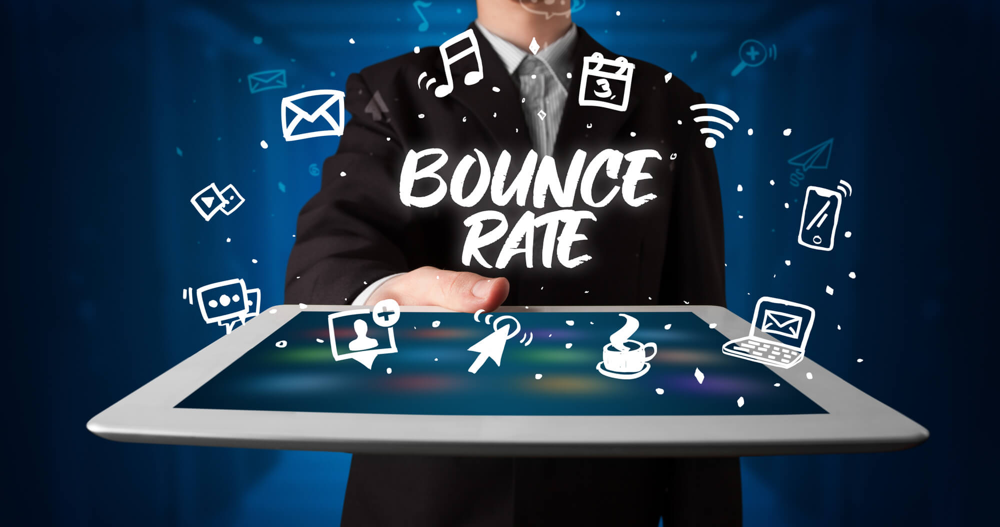 man holding tablet with bounce rate word on top