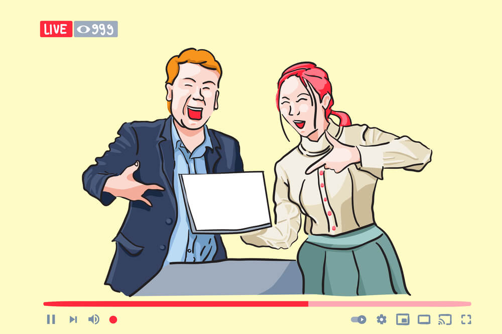 two happy influencers doing live video
