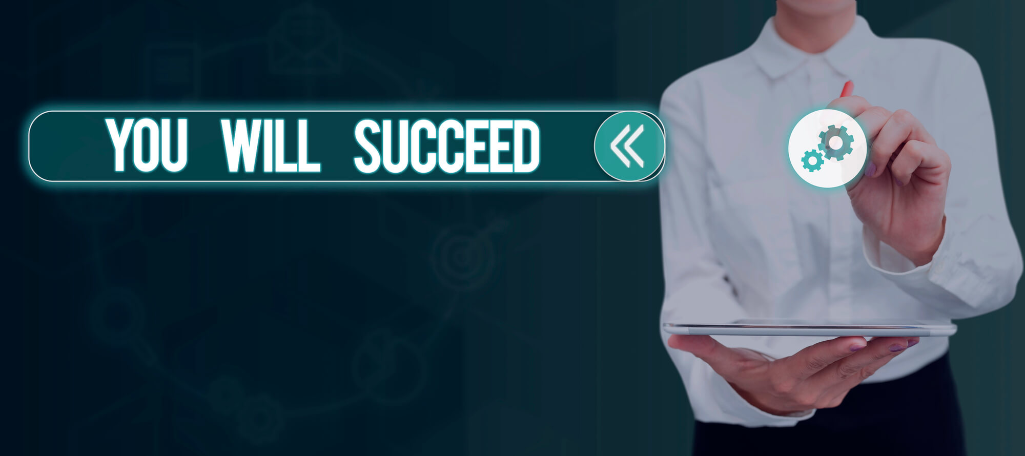 A professional woman holding a tablet with "YOU WILL SUCCEED" glowing text