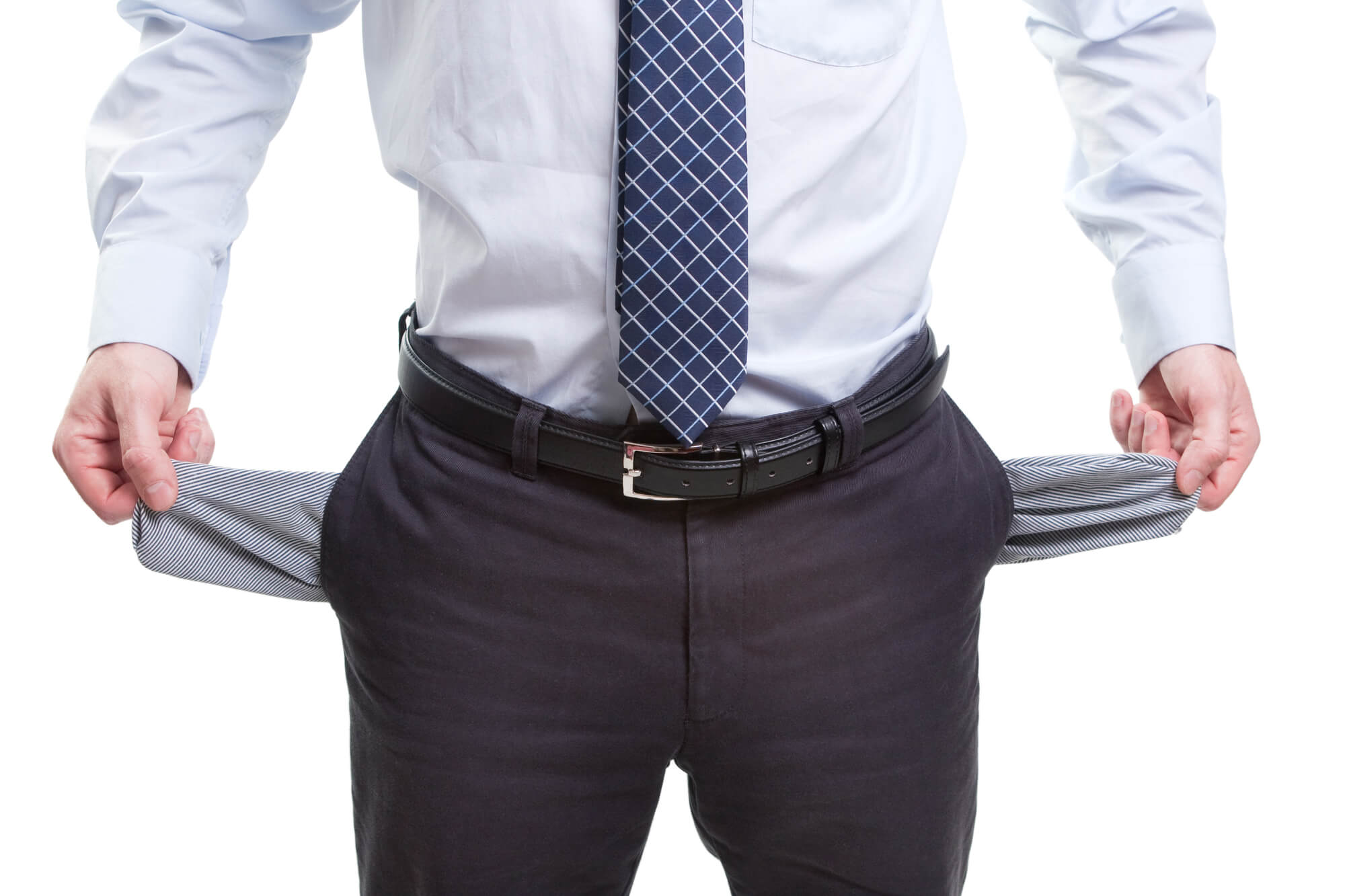 man showing his pant's empty pockets