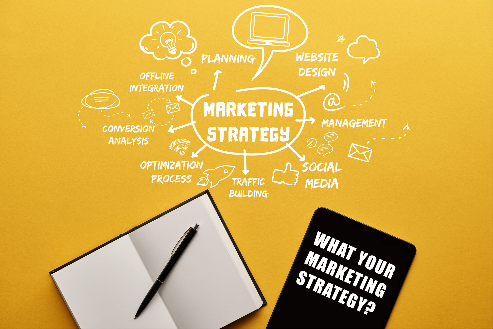 top view of dental marketing vector with a tablet and a notebook