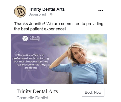 Trinity dental arts social ad that is optimized for Dental SEO features patient review. 