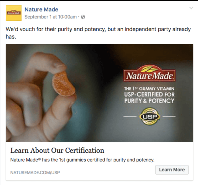 Expert certification of Nature Made shared on Facebook 