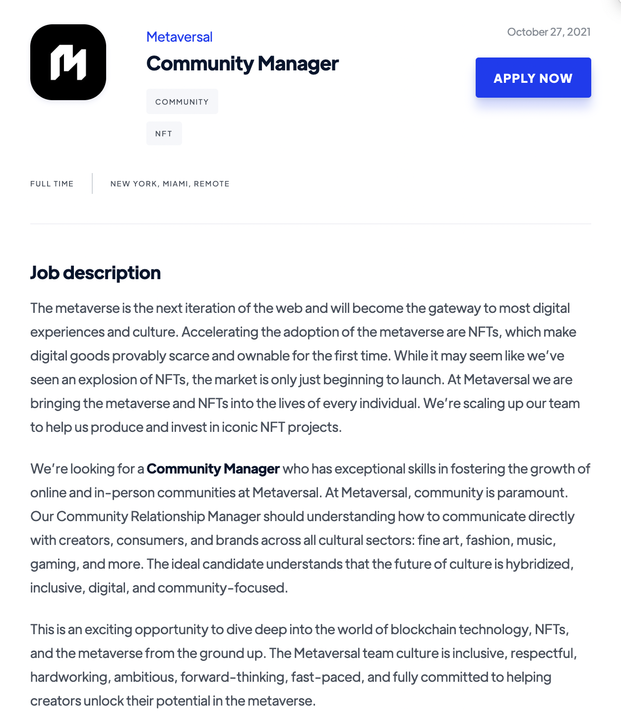 Metaverse community manager job posting