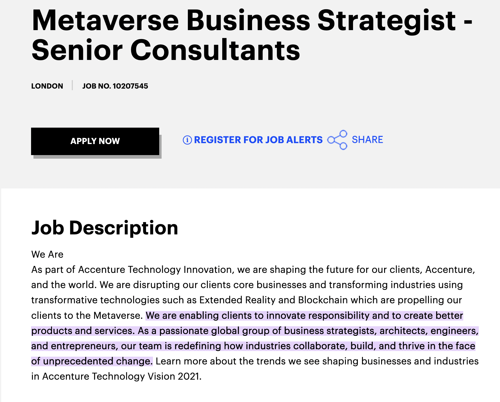 Metaverse business strategist job posting