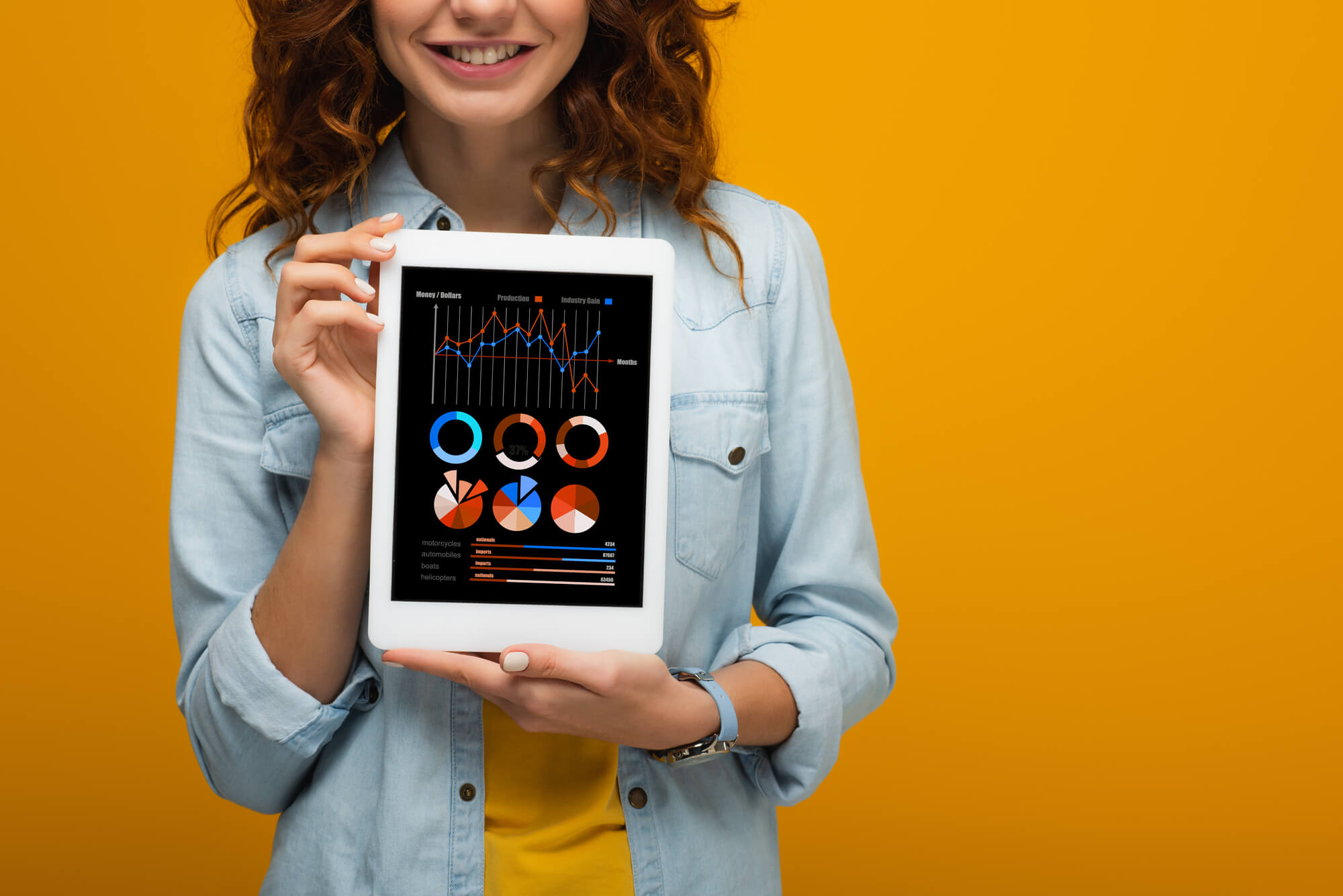 female professional holding mobile tablet showing data results