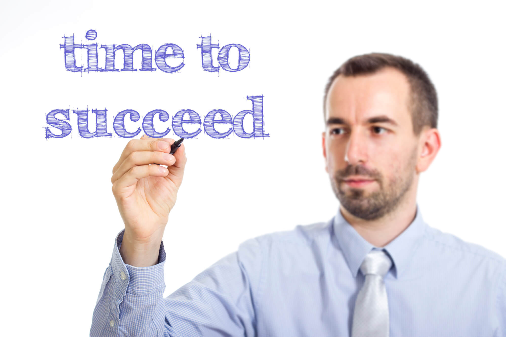 businessman writing time to succeed on screen