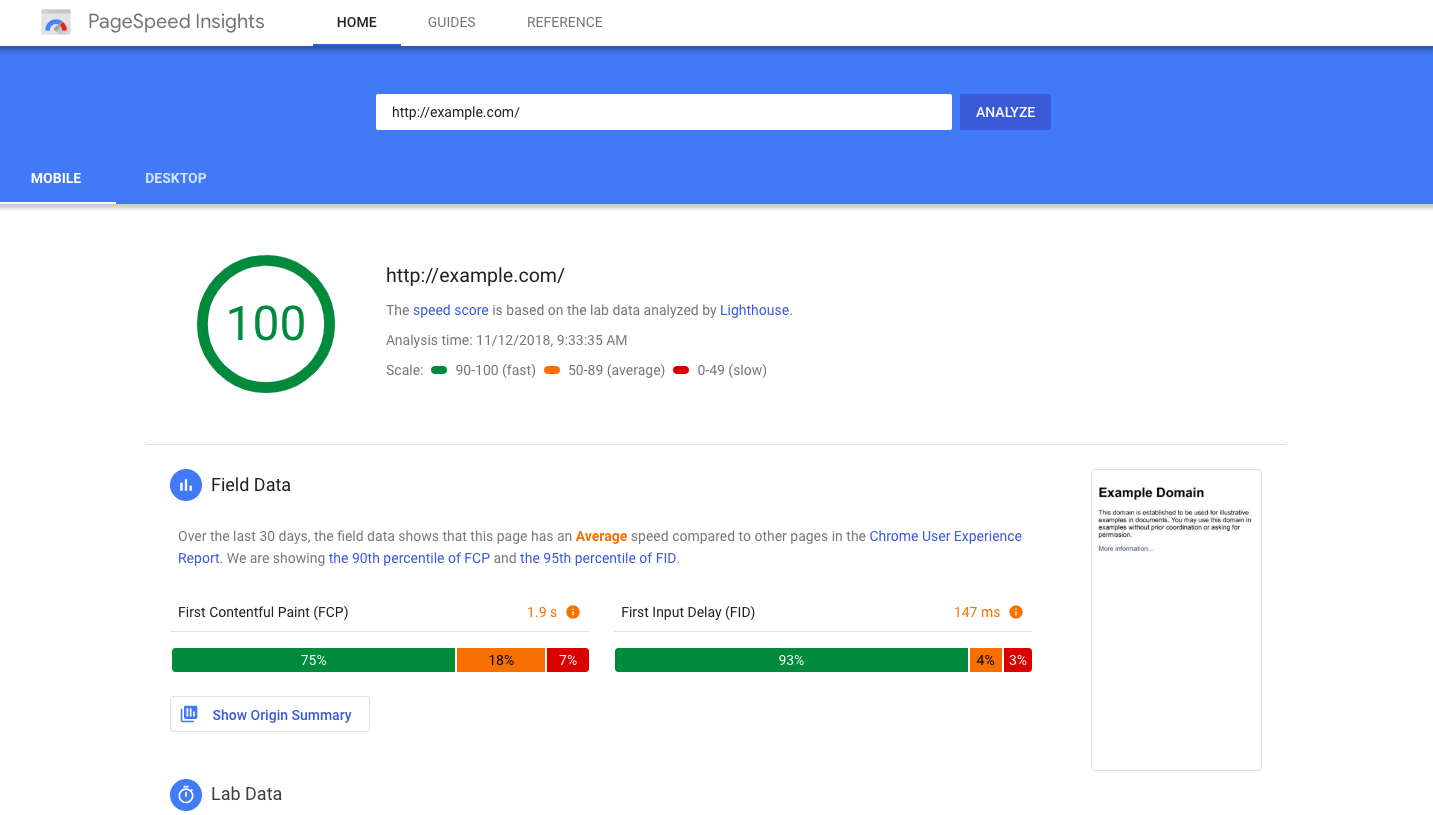 sample page speed insight