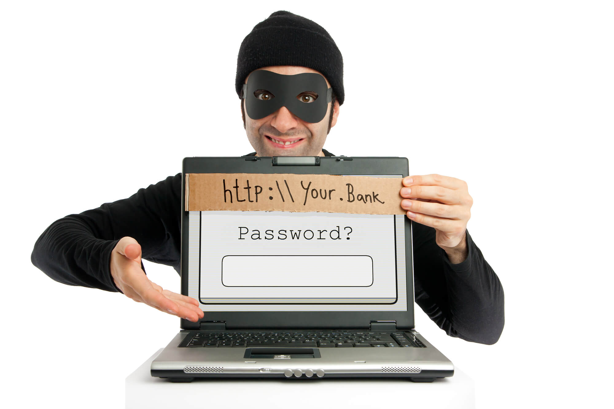 cyber thief holding a laptop asking for password