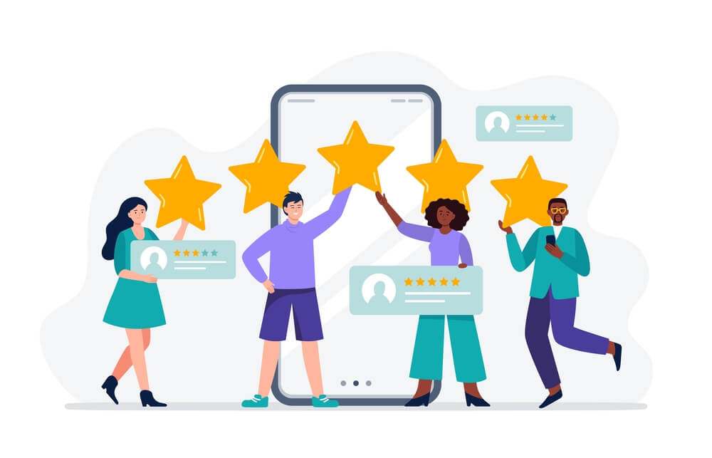 Happy customers giving positive reviews online. 