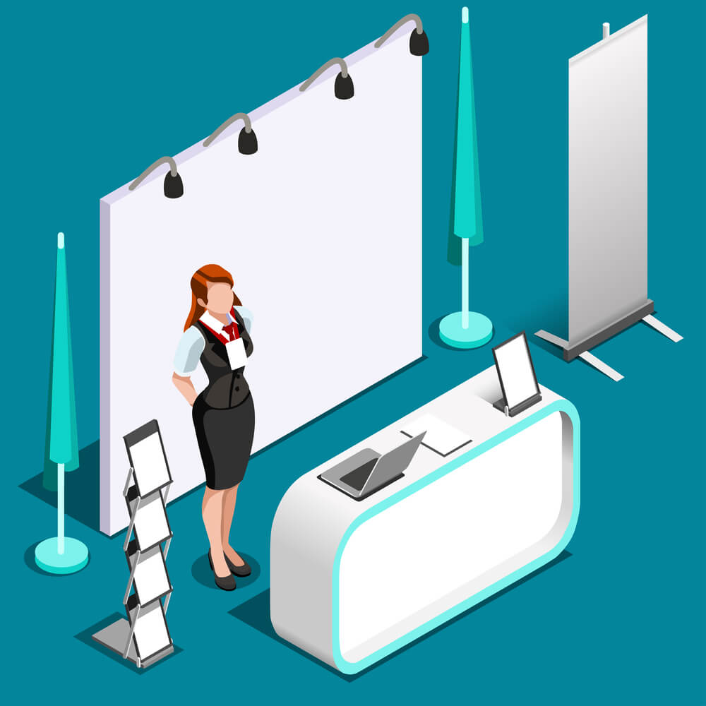 Business woman doing a product demo for trade show attendees 