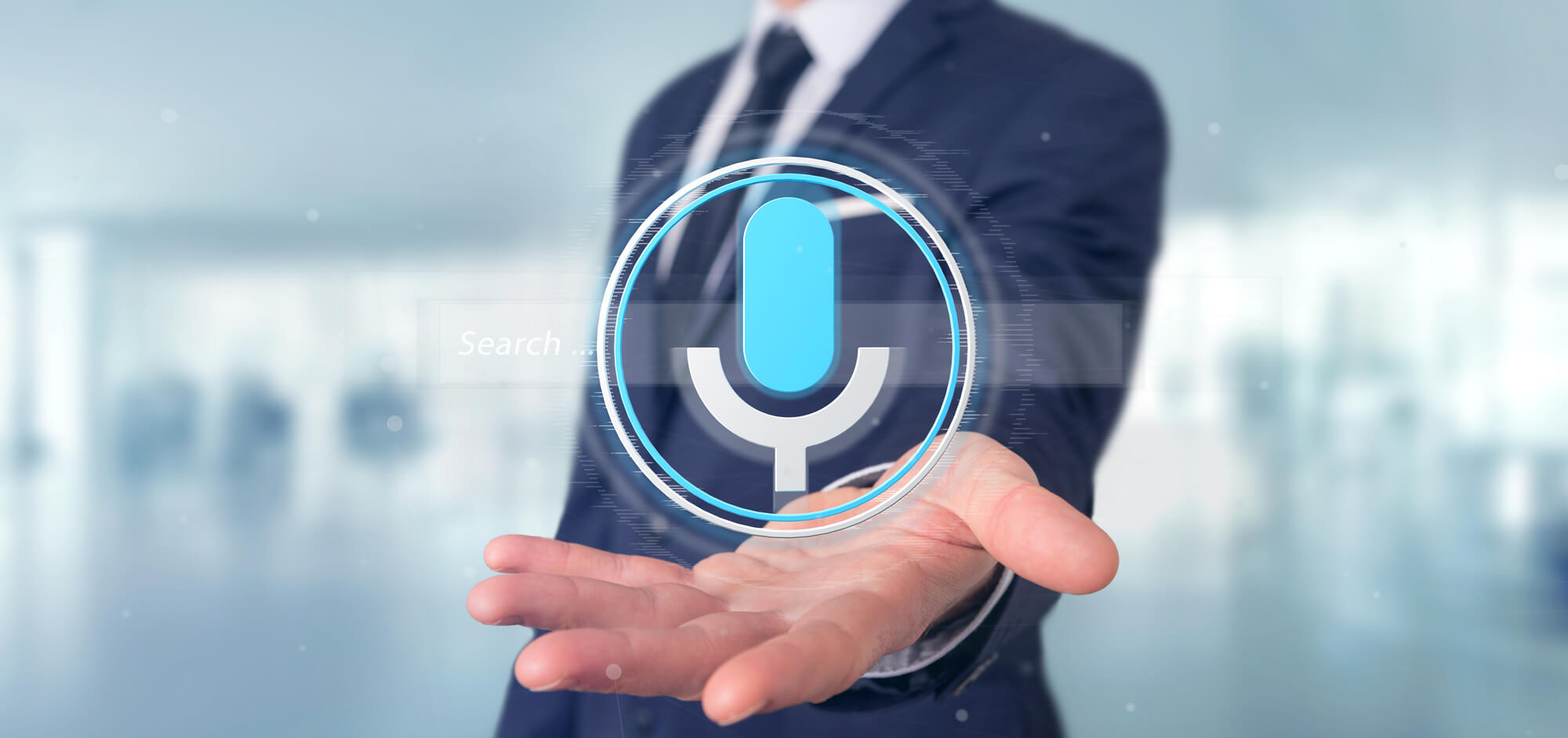 businessman holding voice search virtual icon