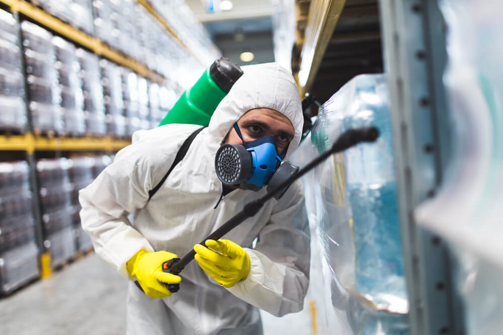 Exterminator getting rid of pests in a warehouse.
