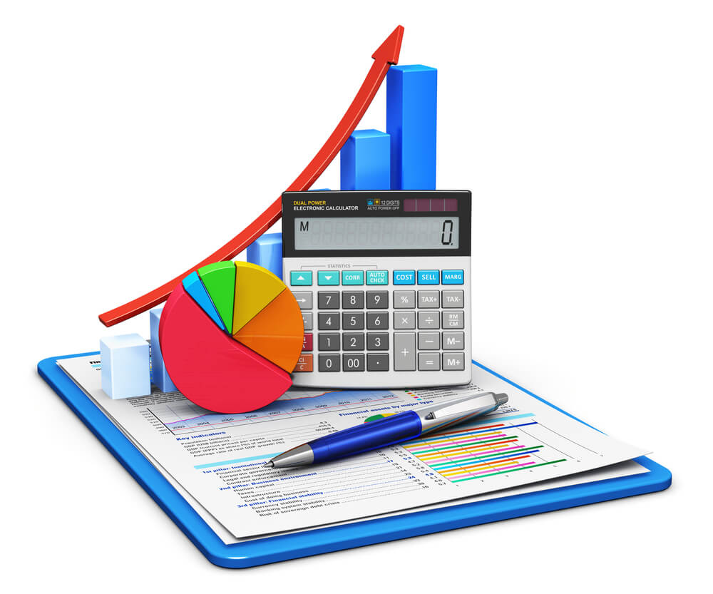 picture of a pie graph , calculator, and papers for budgeting digital advertising in Miami