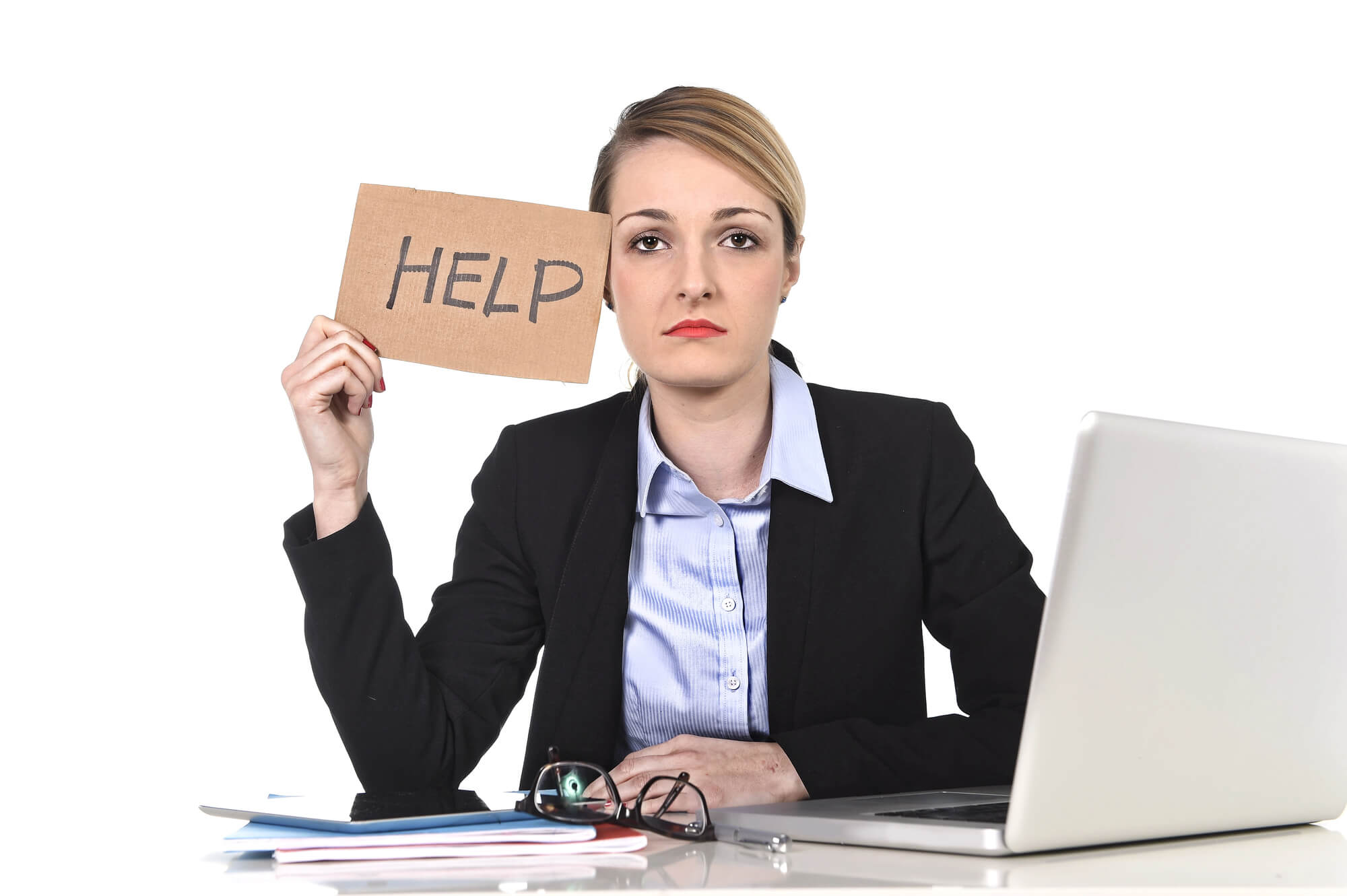 female entrepreneur holding a help sign