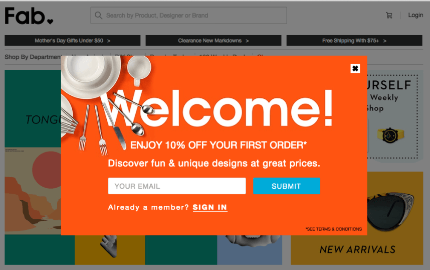 screenshot of a sample pop up form from a website