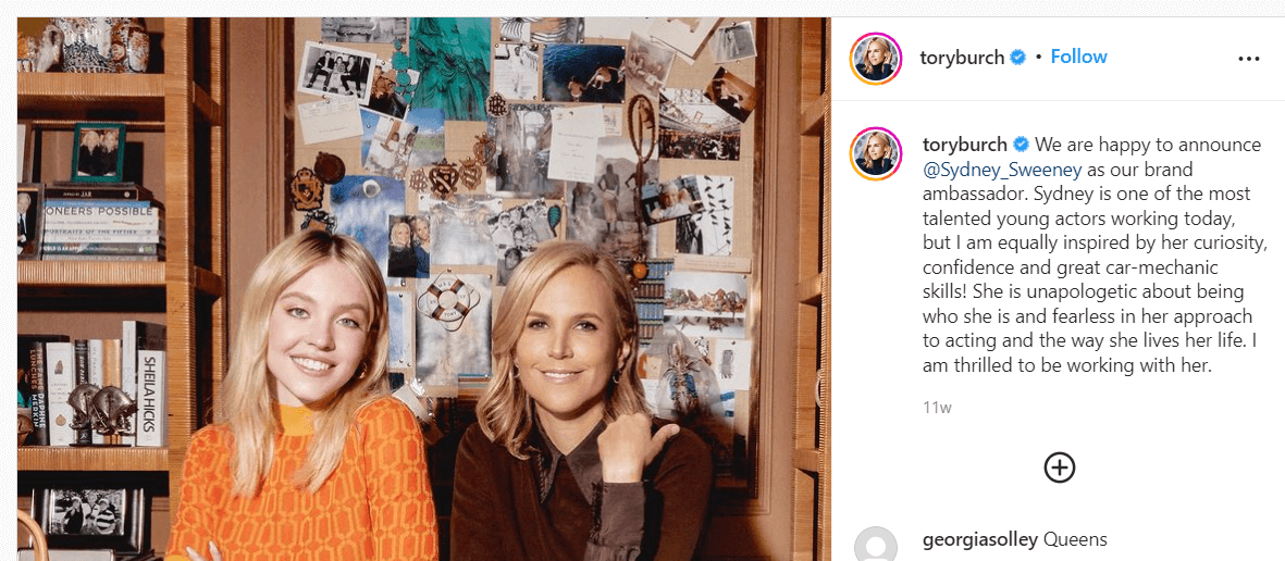 Tory Burch Instagram account promoting a brand ambassador.