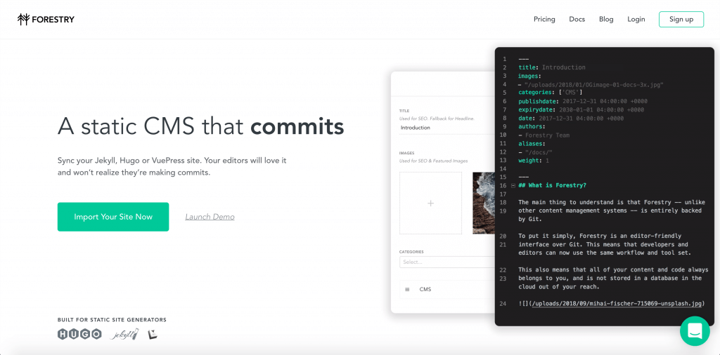 Forestry.io's landing page written in active voice. 